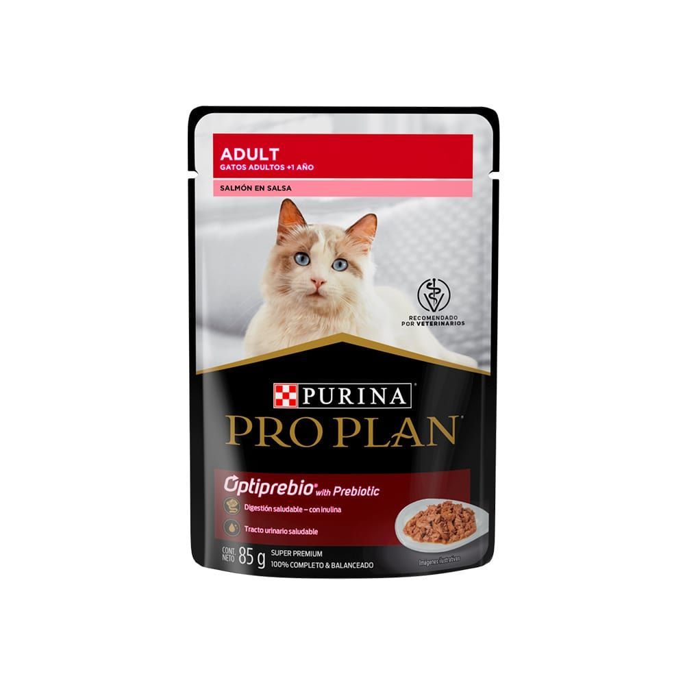 Bolsa de comida para gatos Purina Pro Plan con un gato en el envase, fondo oscuro, 85 g.