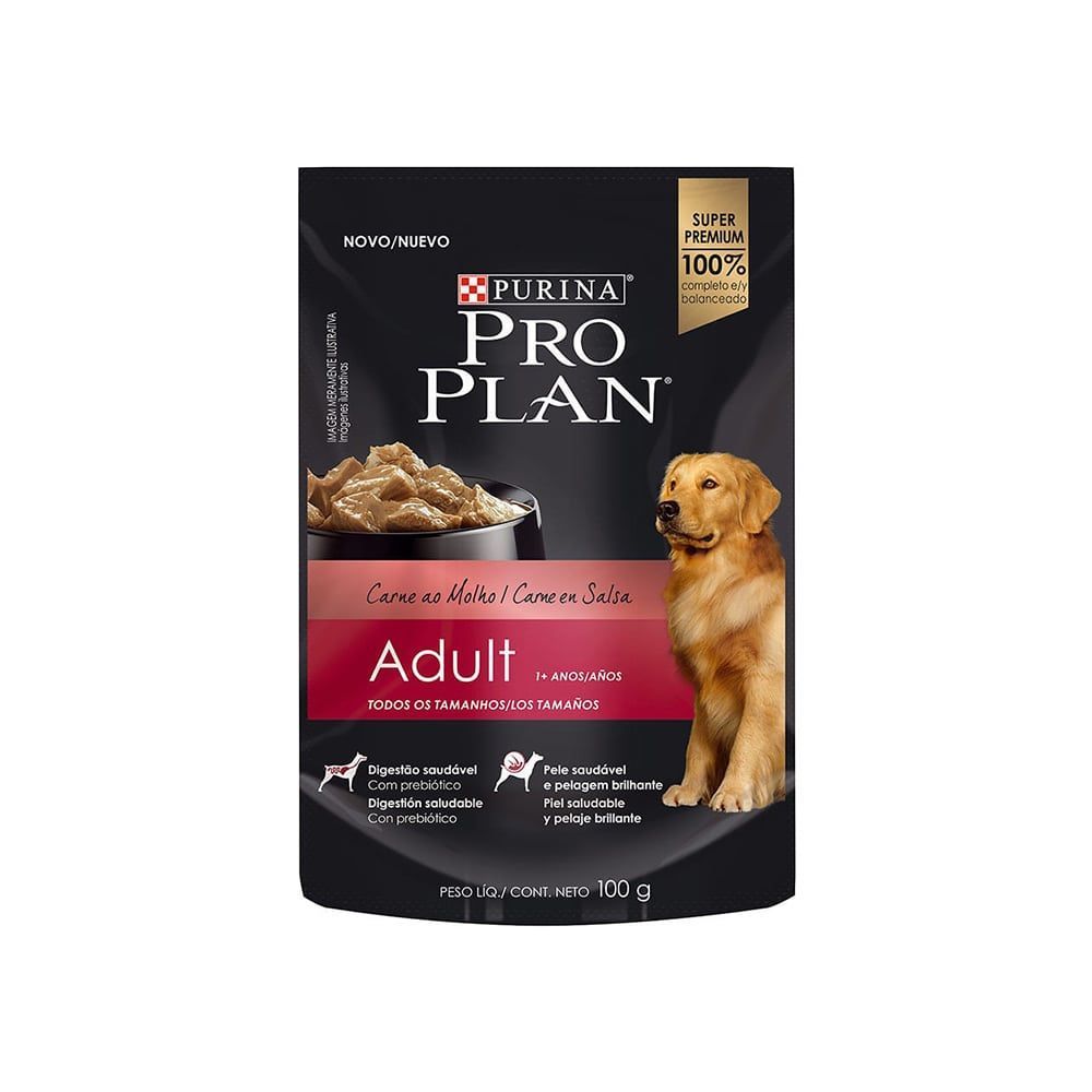 Bolsa de alimento para perros Purina Pro Plan Adult con un golden retriever y comida cocida.
