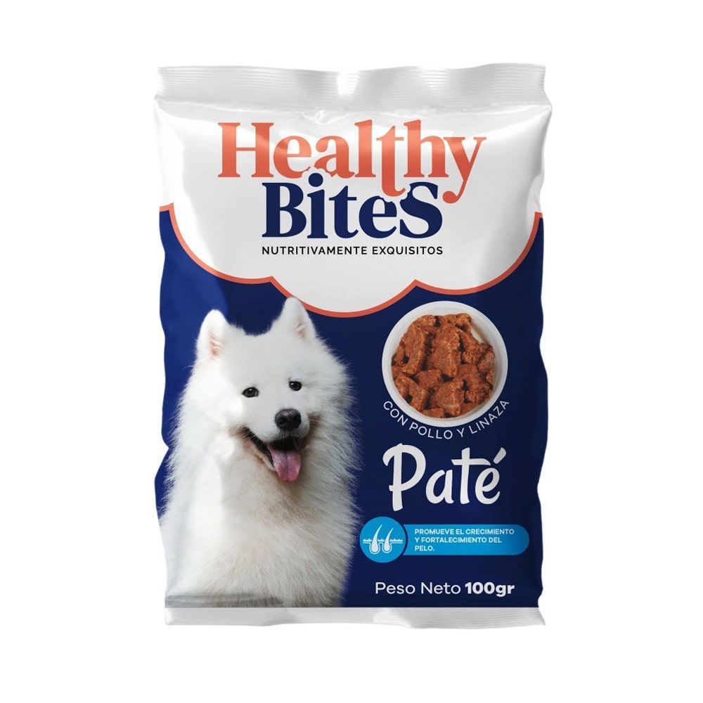 Bolsa de comida para perro: perro blanco junto a bolsa de “Pate” con pollo y pato.