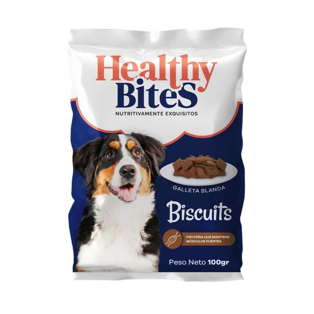 Bolsa de galletas para perros Healthy Bites con un perro y galletas en la etiqueta.