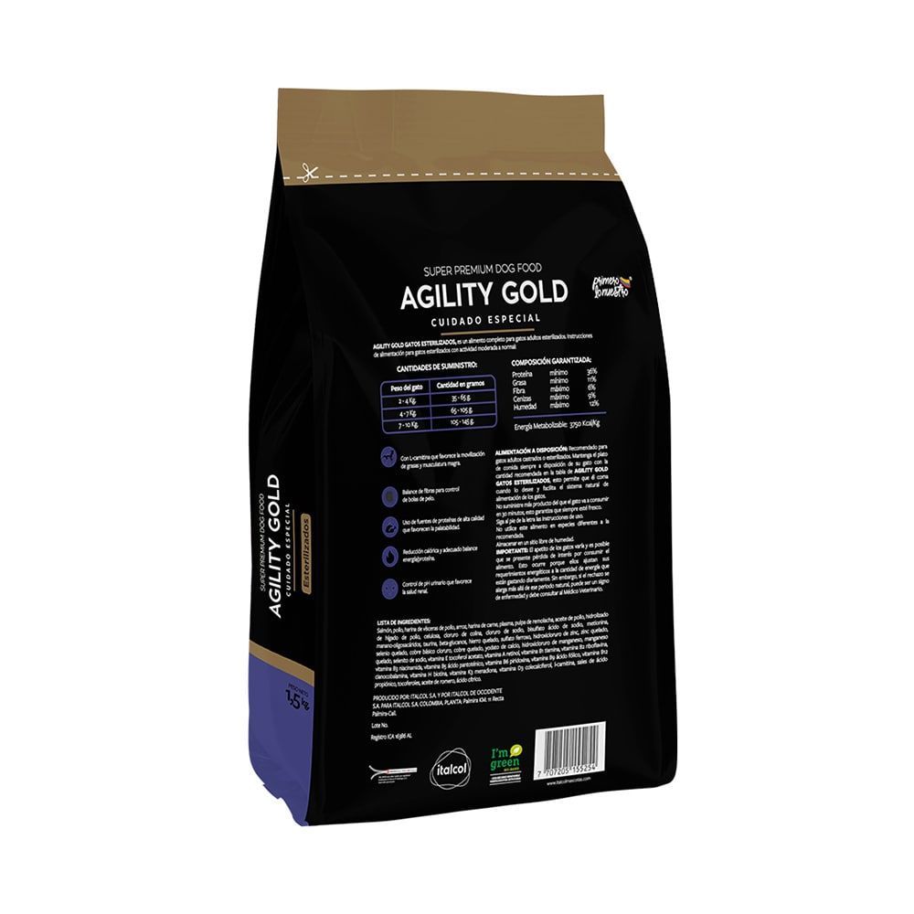 Bolsa de comida para gatos de Agility Gold, con imagen de gato, en color morado y dorado.