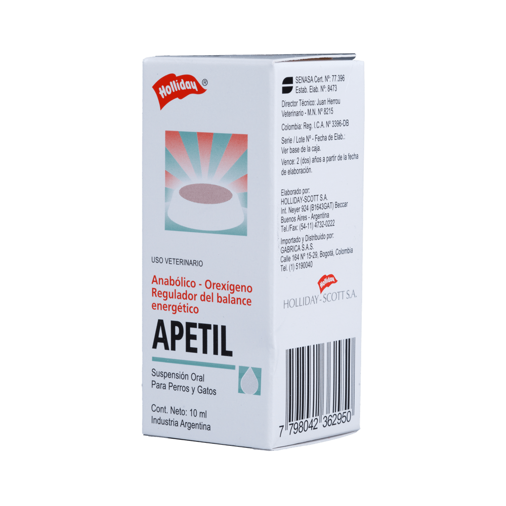 Caja de suspensión oral de Apetil para ponis y gatos. Caja blanca con diseño y texto en rojo y verde azulado.