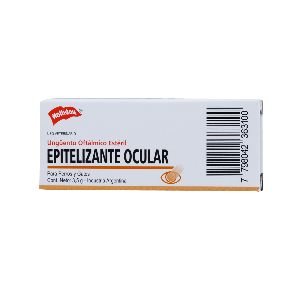 Caja de ungüento oftálmico “EPITELIZANTE OCULAR”, para uso veterinario, con diseño naranja y blanco.
