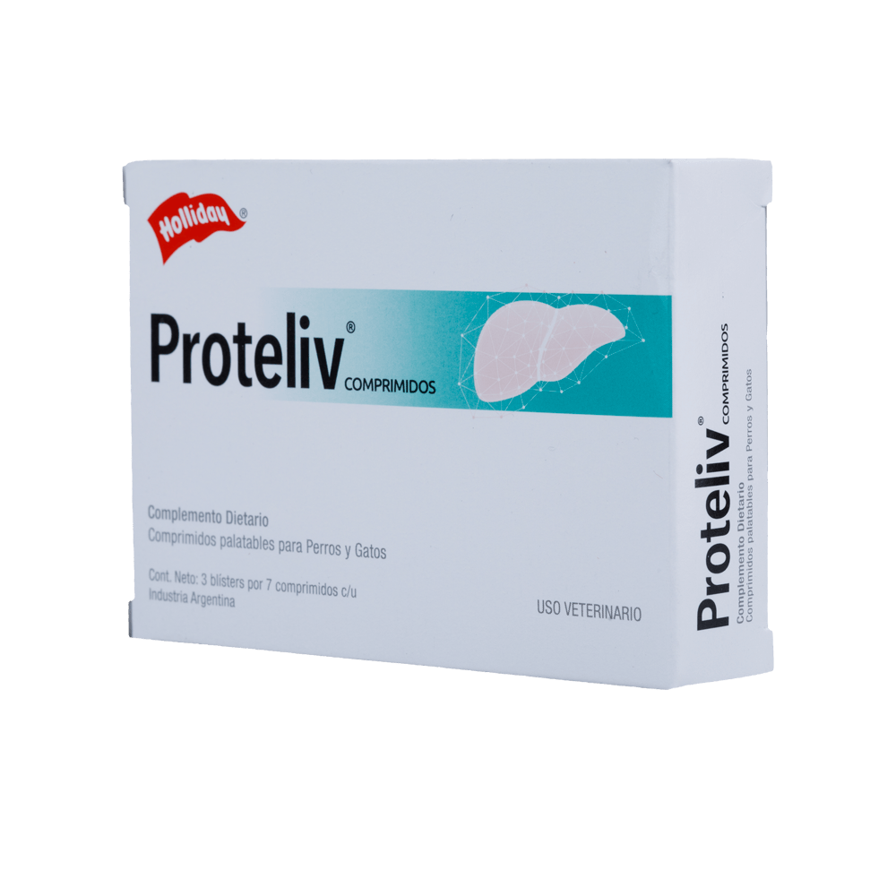 Caja de comprimidos Proteliv para perros y gatos, de color blanco y verde azulado con ilustración de hígado.