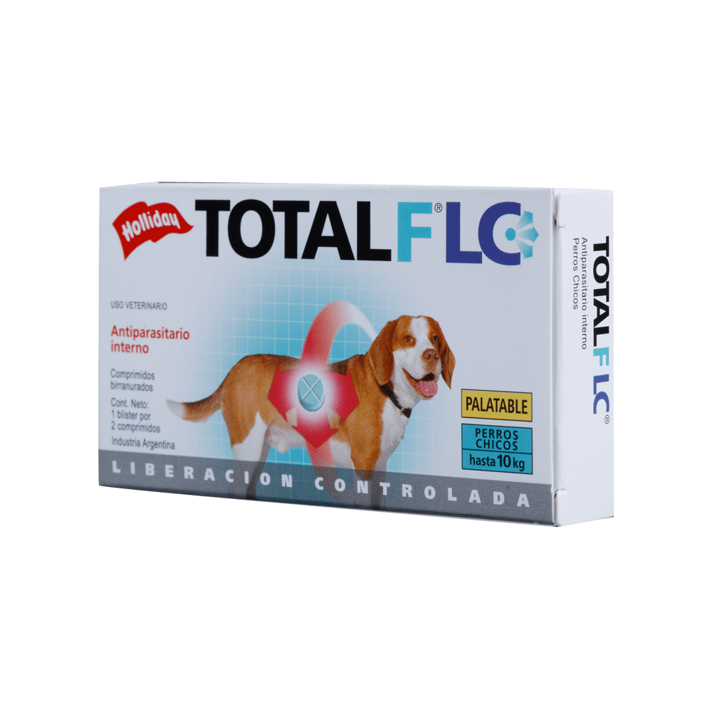 Caja de desparasitante canino “TOTAL FLC”, con ilustración de un perro y el texto “Liberación controlada”.