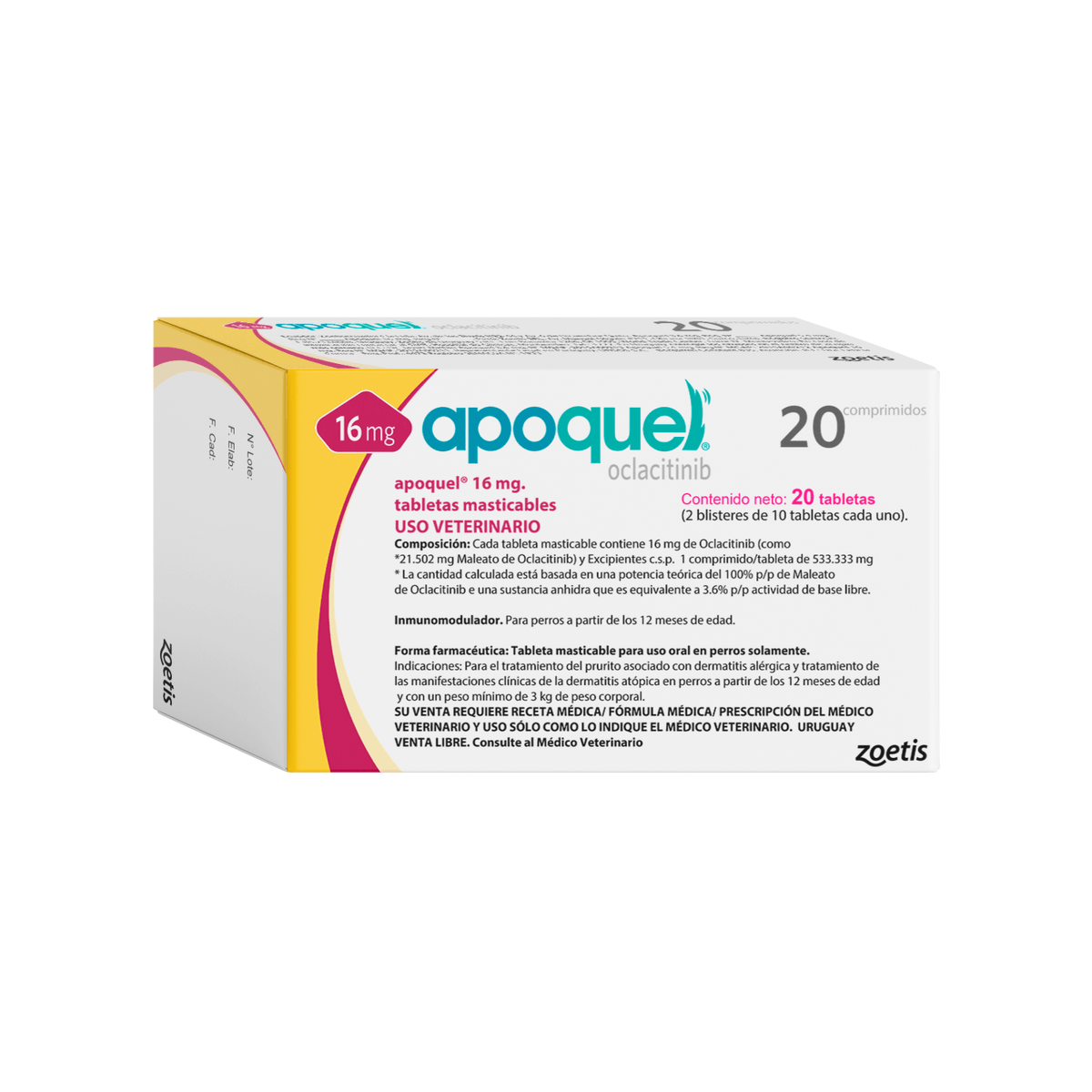 Caja de comprimidos de Apoquel 16 mg para perros, con envase y texto de color amarillo y blanco.