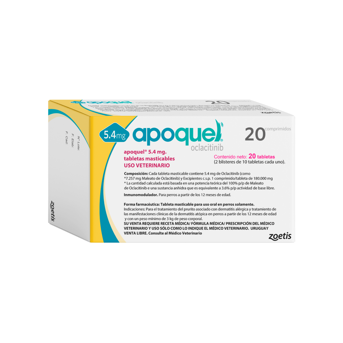 Caja de comprimidos de Apoquel para perros. Caja blanca con detalles en amarillo y azul. Contiene 20 comprimidos de 5,4 mg cada uno.