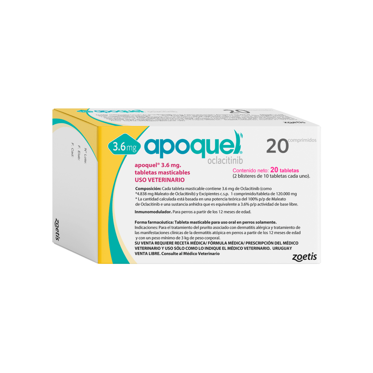 Caja de tabletas de Apoquel (oclacitinib) para perros; caja blanca con detalles en amarillo y verde azulado.