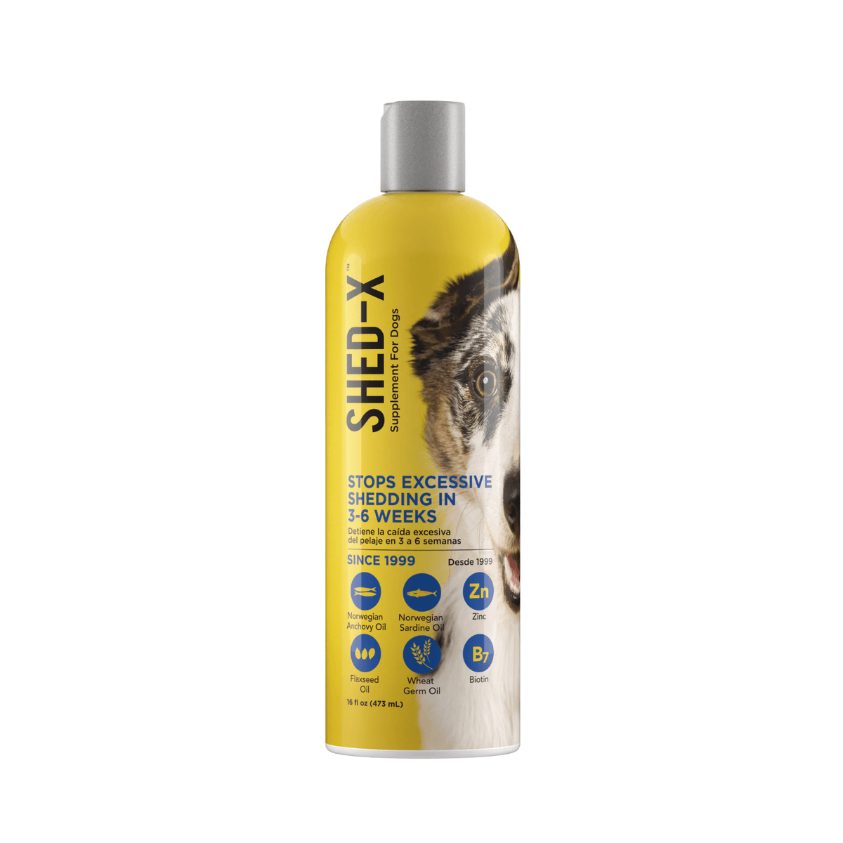 Botella de suplemento Shed-X para perros, de color amarillo con la cara de un perro e información del producto, que promete detener la muda.