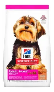 Bolsa de comida para perros Hill's Science Diet Small Paws; Yorkie en el frente; empaque rosa y blanco.