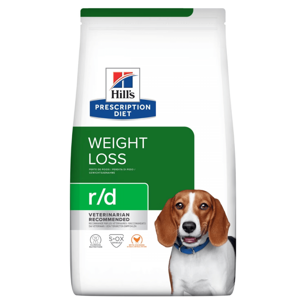 Bolsa de alimento para perros Hill's Prescription Diet r/d para bajar de peso, con un beagle y empaque verde y blanco.
