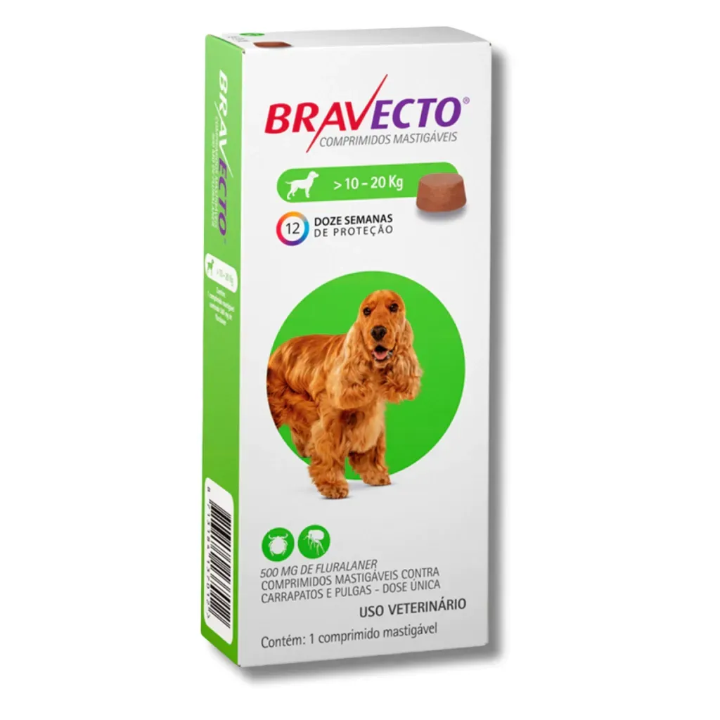 Caja de tratamiento Bravecto contra pulgas y garrapatas para perros; embalaje verde y blanco; imagen de perro marrón.