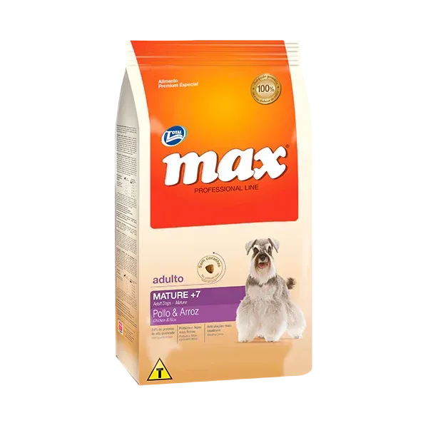 Bolsa de comida para perros etiquetada como "max" para perros adultos, con un Schnauzer como protagonista.