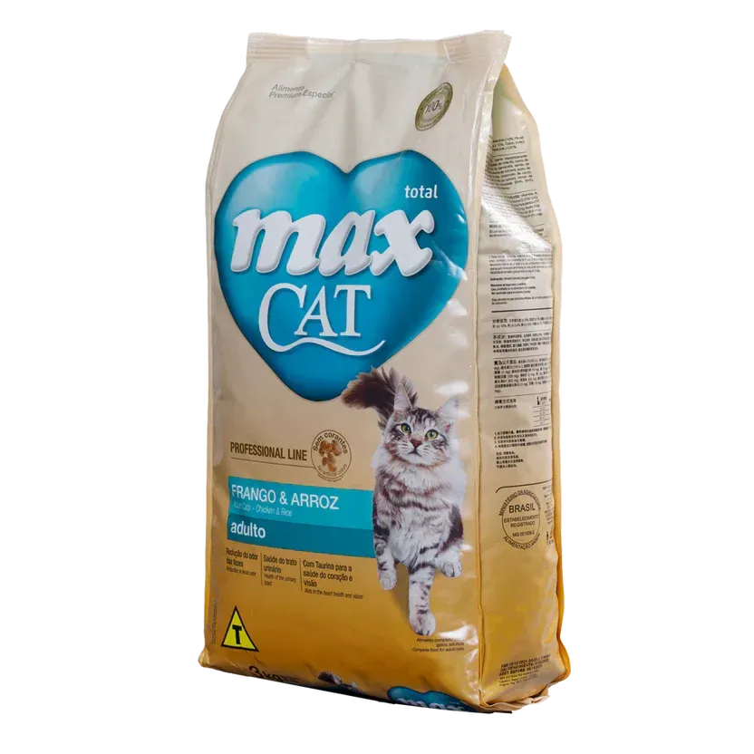 Bolsa de comida para gatos Max Cat con un gato en el frente, sabor pollo y arroz.