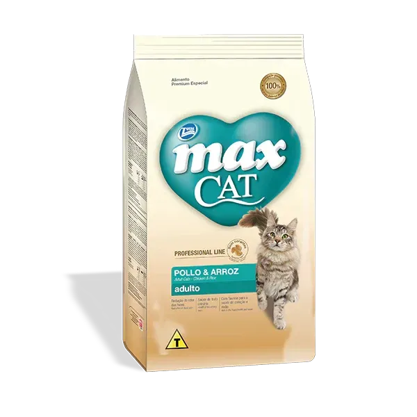 Bolsa de comida seca para gatos Max Cat con pollo y arroz, que presenta una ilustración de un gato.