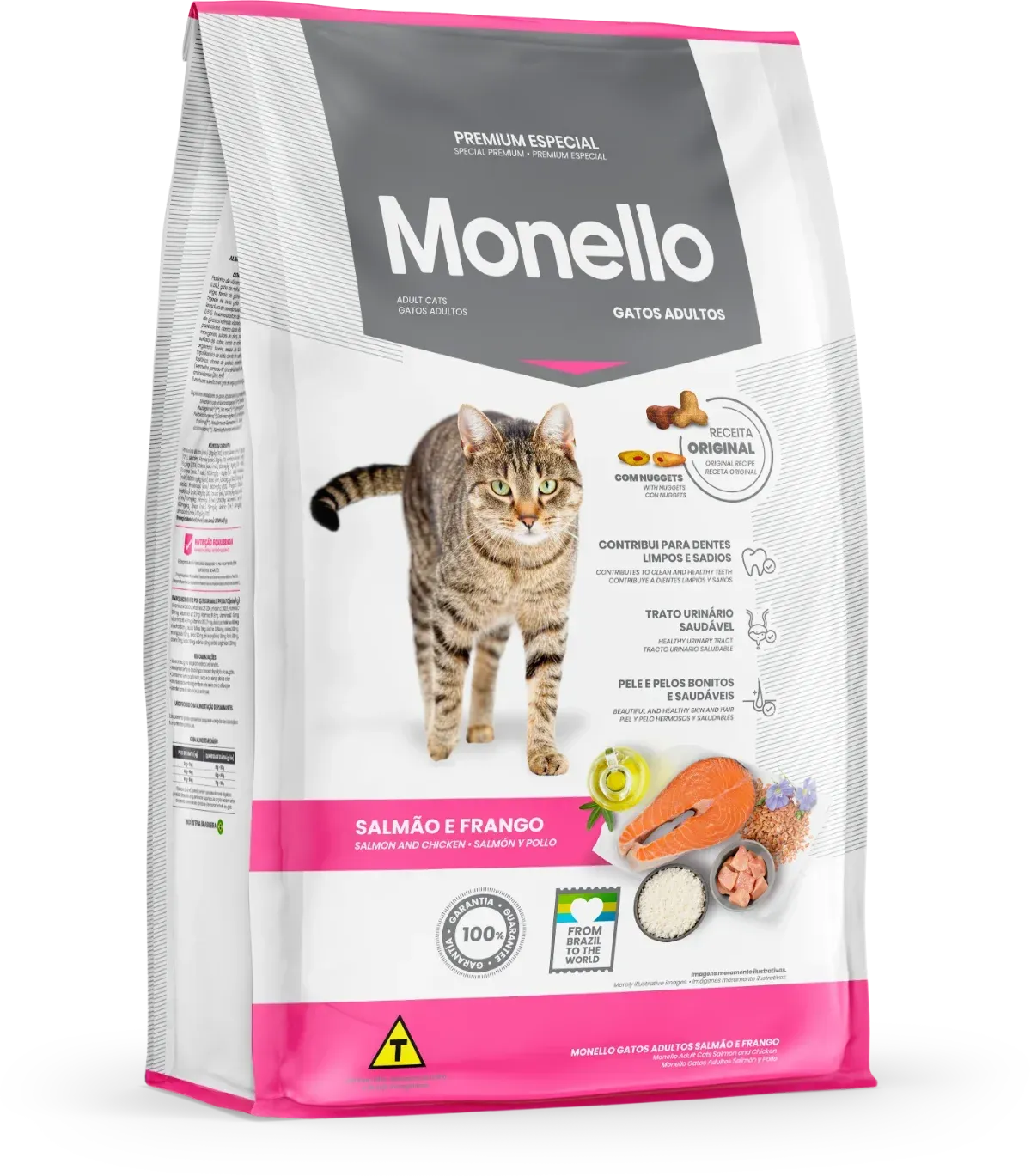 Bolsa de comida para gatos Monello con ilustraciones de un gato atigrado, salmón y pollo, con detalles en rosa y gris.