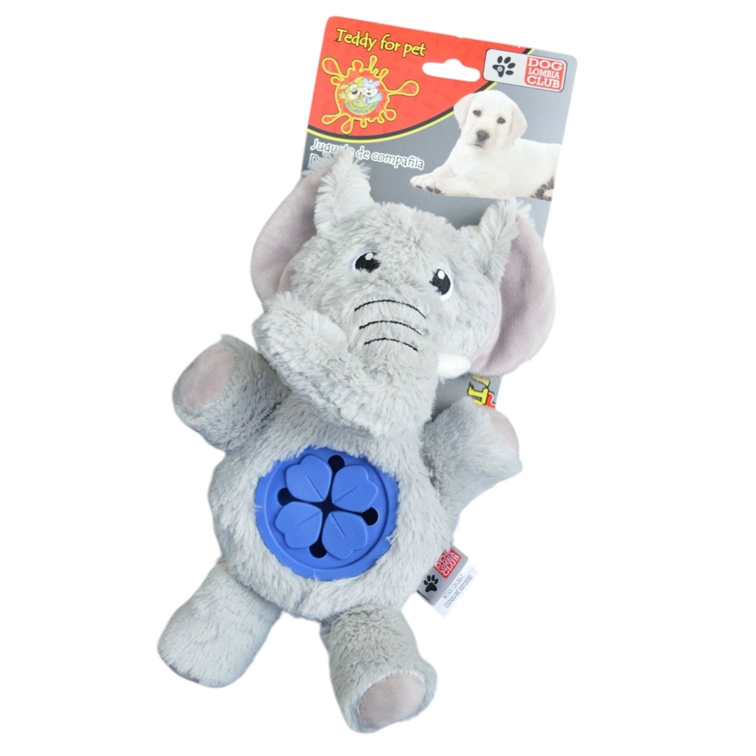 Peluche de perro de color gris con forma de elefante y dispensador de golosinas de color azul.