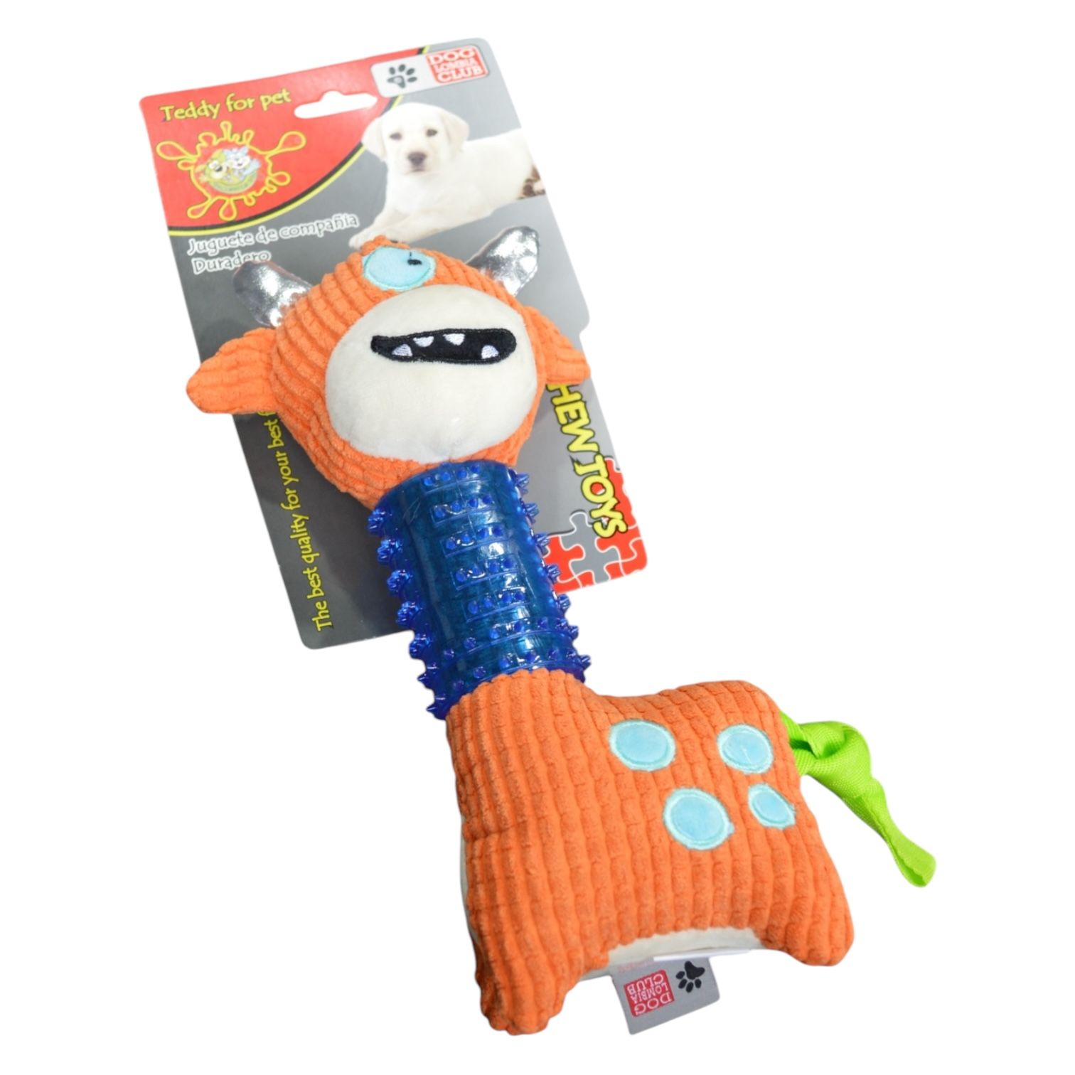 Juguete para perros de color naranja y azul con diseño de jirafa, todavía adherido al embalaje del producto.