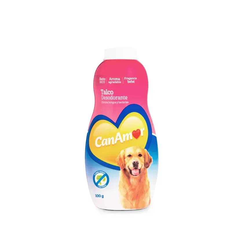 Envase de talco para perros CanAmor de color rosa y azul con un logotipo de golden retriever y un corazón.