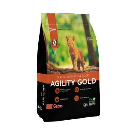 Bolsa de comida para gatos Agility Gold, gato naranja en el envase, fotografía del producto.