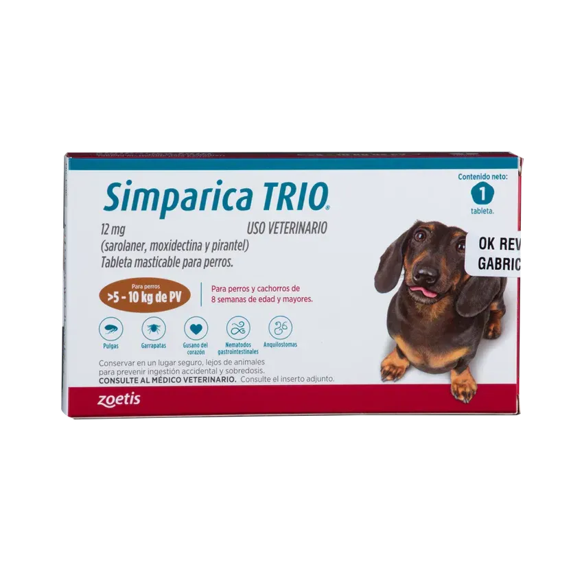 Caja de Simparica TRIO para perros, con un teckel en el lateral.