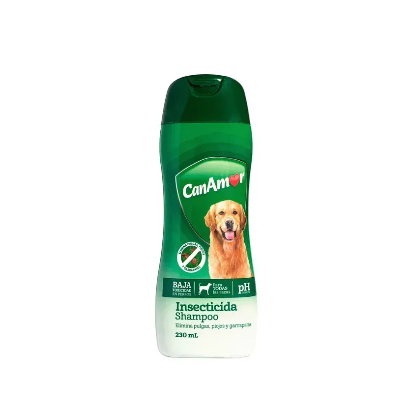 Botella de champú insecticida para perros Green CanAm con un golden retriever en ella.