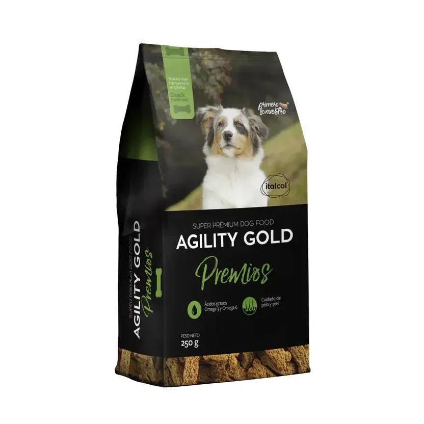 Bolsa de alimento para perros Agility Gold Premios que presenta un perro en el frente y pellets de comida en la base.