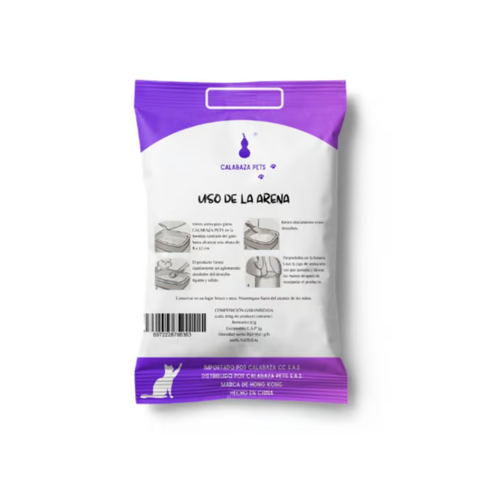 Tres bolsas de arena para gatos Arena color lavanda en diferentes tamaños, con un gato Ragdoll como protagonista.