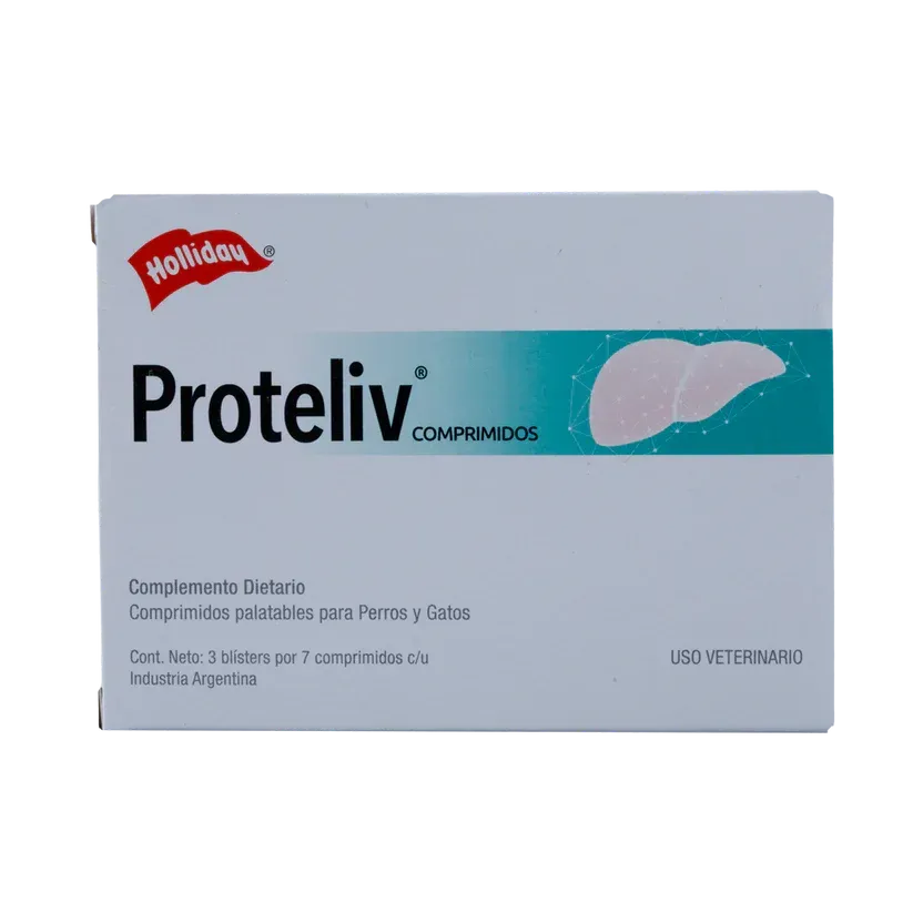 Caja de comprimidos Protelliv de apoyo hepático para mascotas, con el logotipo de Holliday.