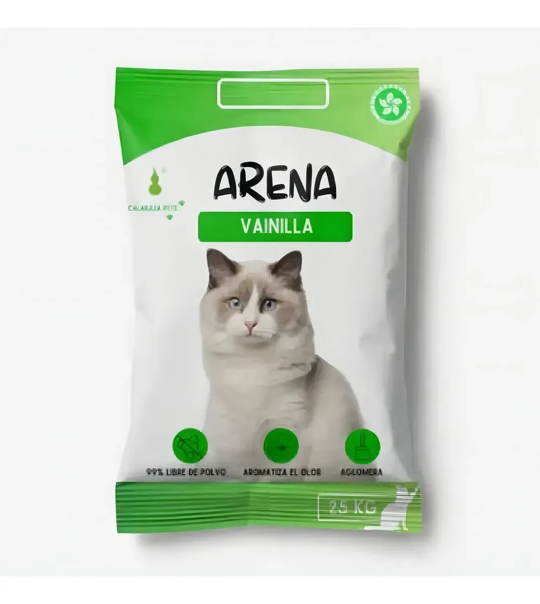 Bolsa de comida para gatos, blanca con detalles verdes. Presenta un gato Ragdoll y la etiqueta "ARENA VAINILLA".