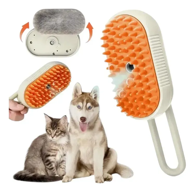 Cepillo pulverizador eléctrico en color naranja y beige con cable USB, sobre caja blanca estampada.