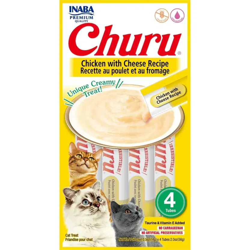Paquete de golosinas para gatos Churu, sabor pollo y queso, con cuatro tubos.