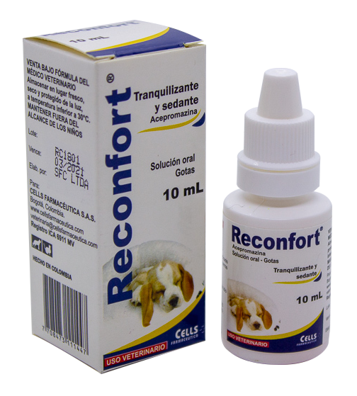 Caja y frasco de Reconfort, medicamento sedante de uso veterinario, con ilustración de un perro.