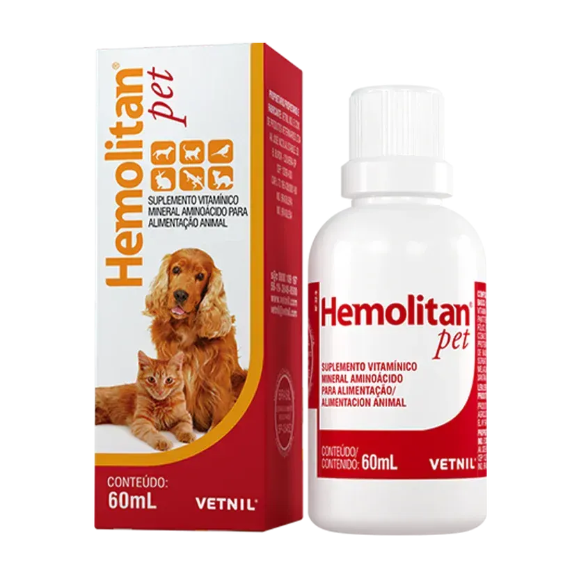 Caja y frasco de Hemolitan Pet suplemento para animales, con imagen de perro y gato.