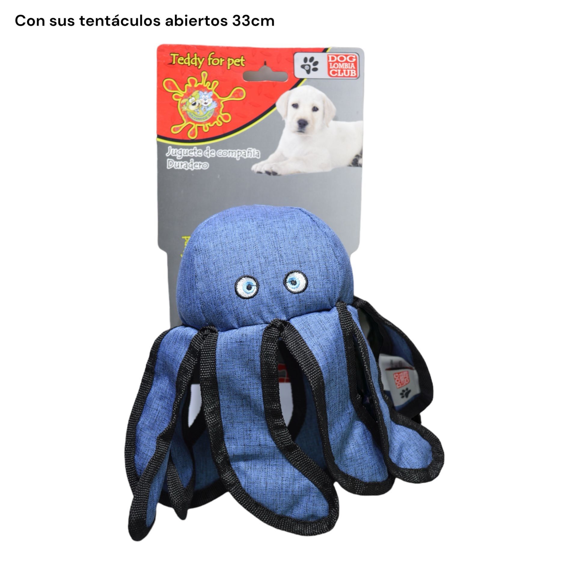 Juguete para perro en forma de pulpo de mezclilla azul con ribete azul oscuro, ojos blancos y una etiqueta de cartón gris.