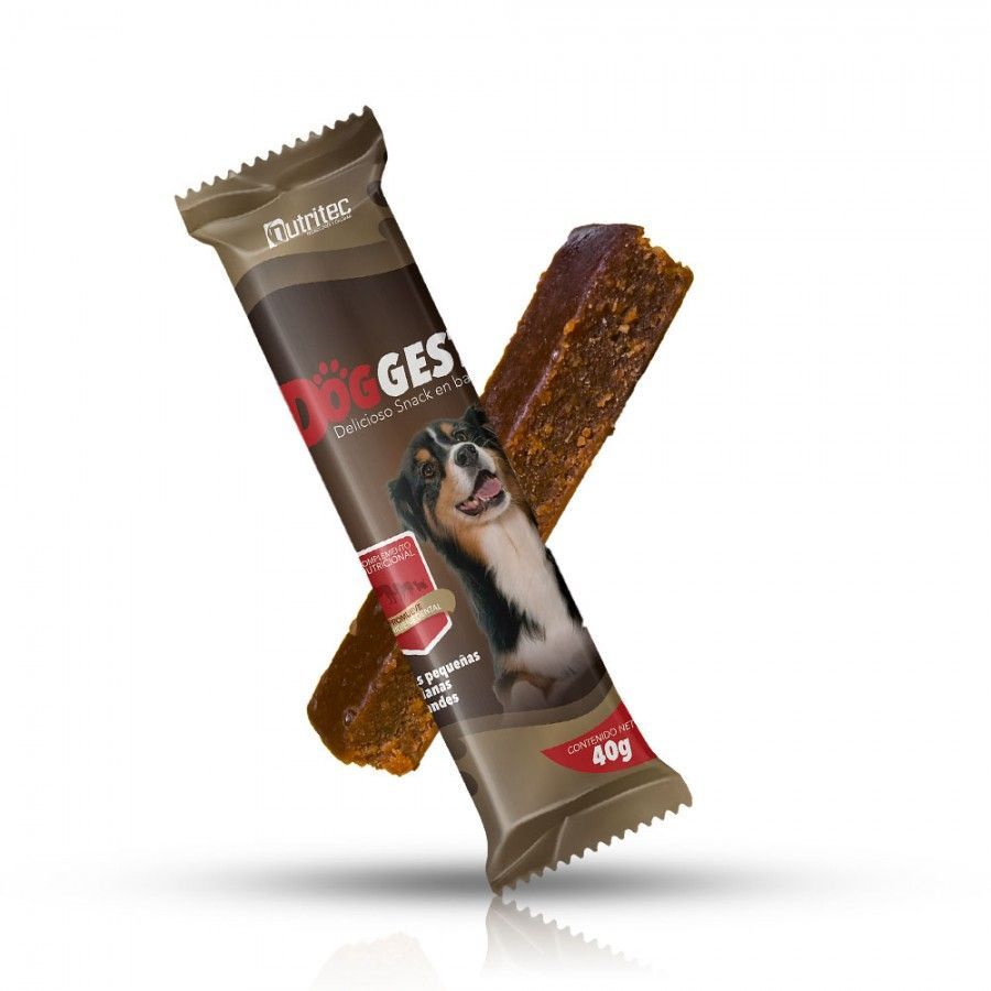 Golosinas para perros envueltas en papel marrón con la imagen de un perro y un palito de golosina.