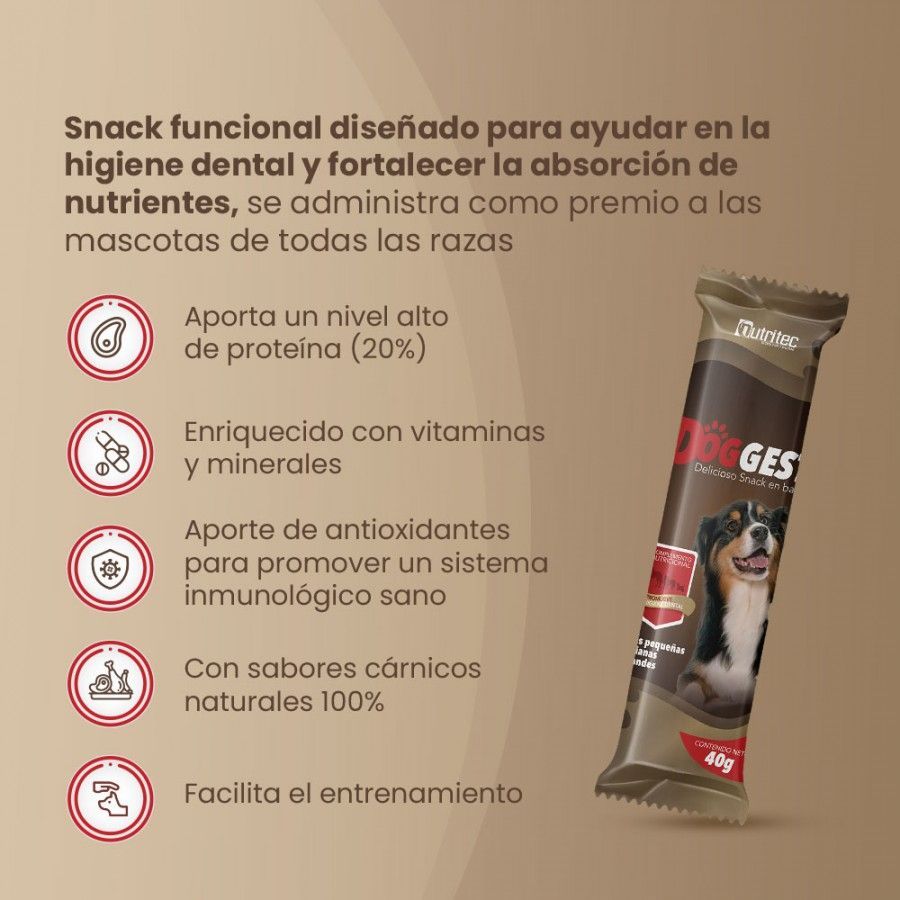 Golosinas para perros envueltas en papel marrón con la imagen de un perro y un palito de golosina.