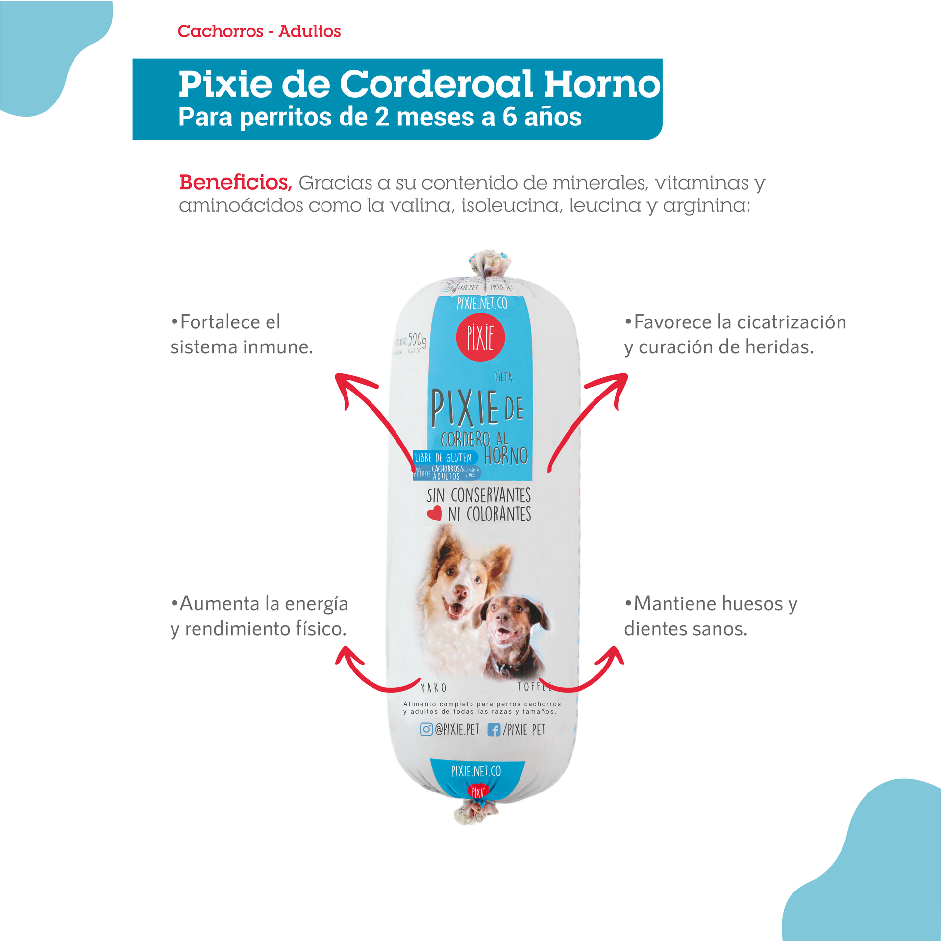 Dieta de cordero al horno para perros. Envase cilíndrico con fotos del perro y el logo