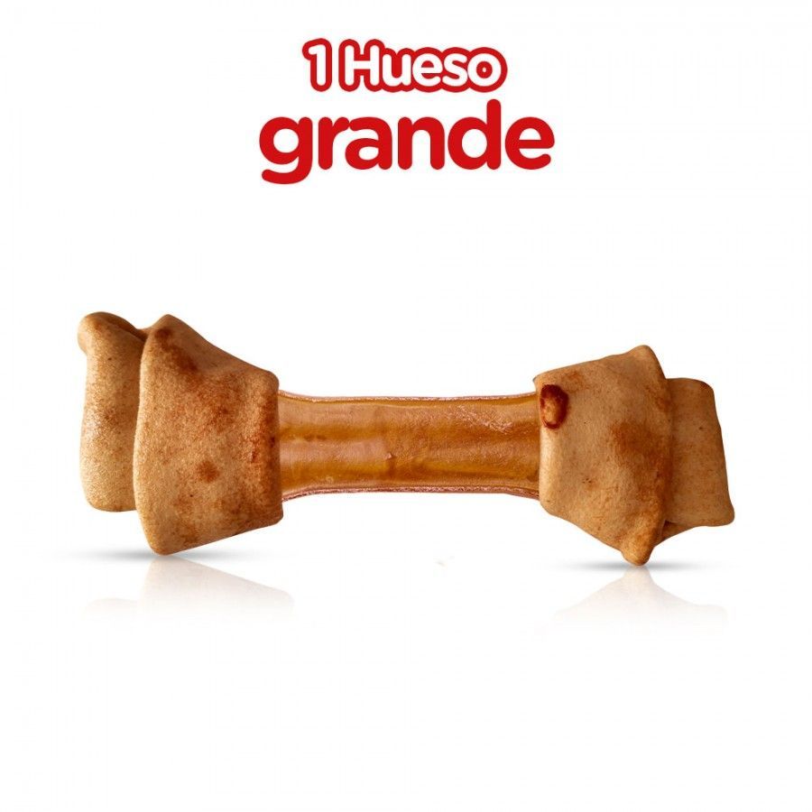 Perro negro grande con hueso, anuncio de comida para perros Happy Kan; envase rojo con un golden retriever en él.