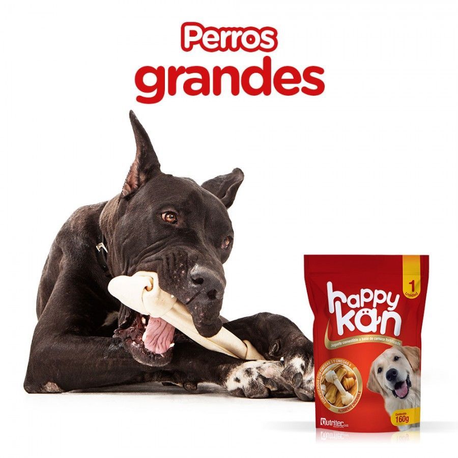 Perro negro grande con hueso, anuncio de comida para perros Happy Kan; envase rojo con un golden retriever en él.