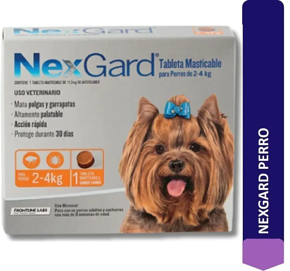 Paquete de NexGard para perros. Muestra un perro pequeño con un lazo azul. Es un tratamiento contra pulgas y garrapatas.