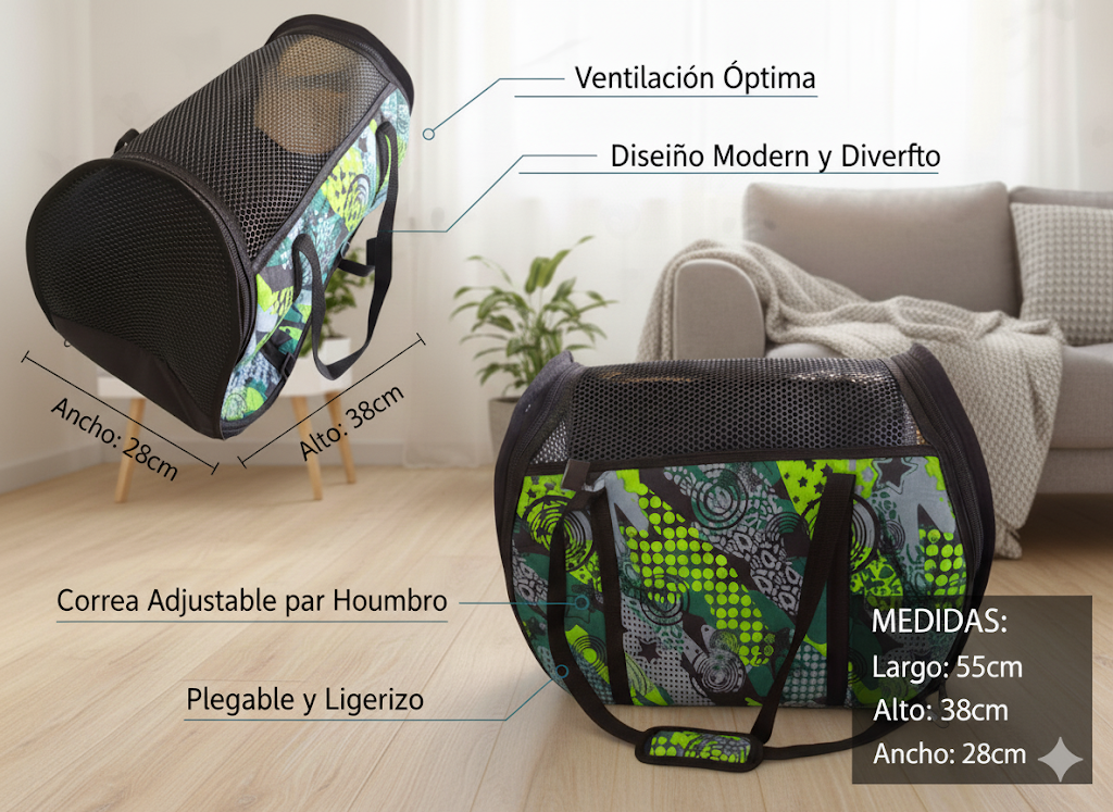 Dos transportines para mascotas: uno vertical y otro tumbado. Ambos tienen tapas de malla y laterales con estampados coloridos. Etiquetados con texto.