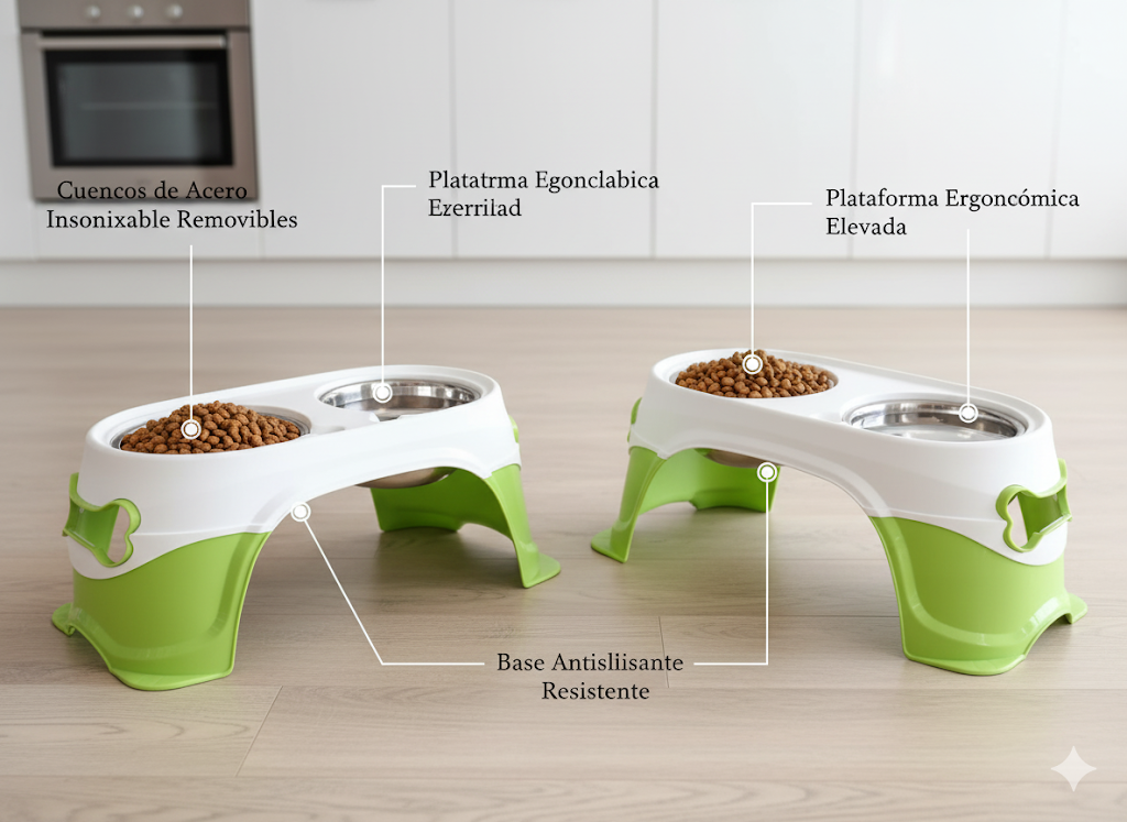 Dos cuencos elevados para perros, uno de color blanco y otro verde, con comida en uno de ellos.