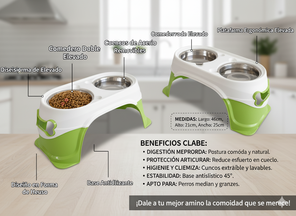 Dos cuencos elevados para perros, uno de color blanco y otro verde, con comida en uno de ellos.