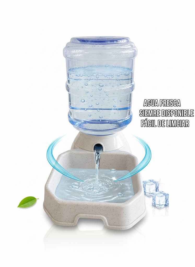Bebedero blanco para mascotas con botella de agua transparente en la parte superior.