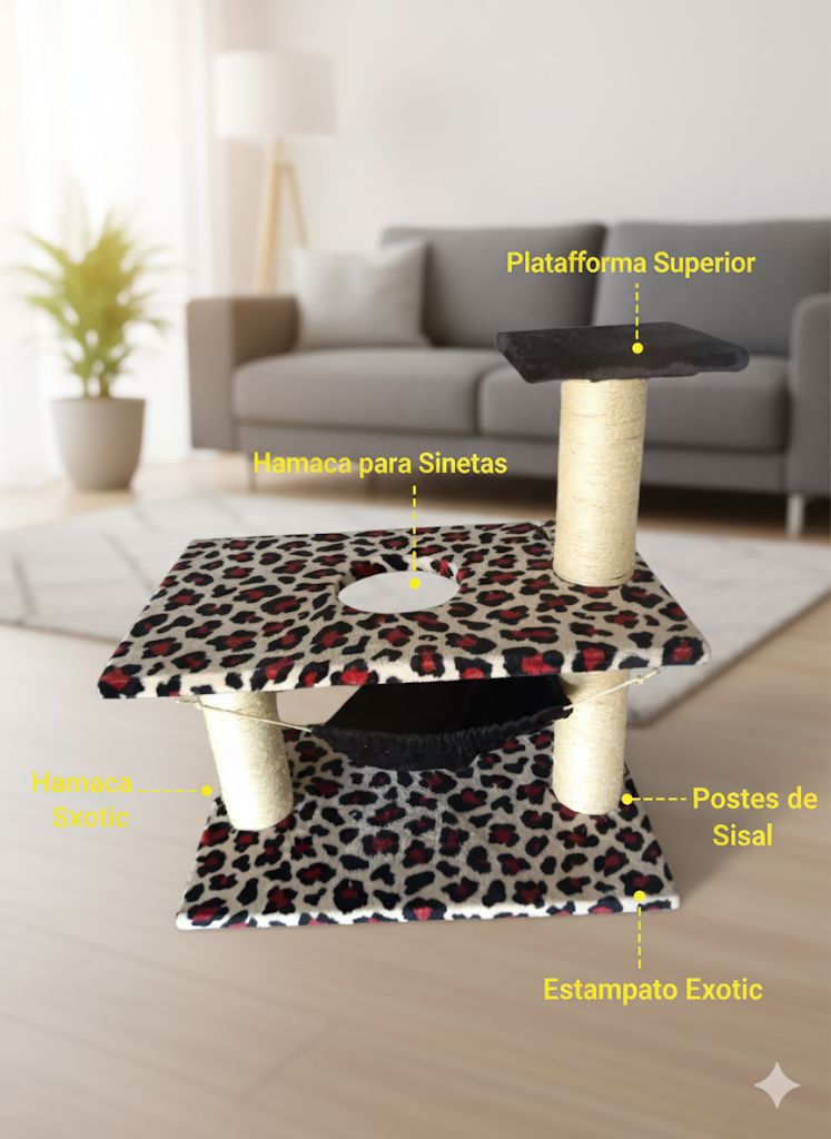 Árbol para gatos con estampado de leopardo, dos plataformas, una hamaca y un poste rascador, sobre un fondo azul.