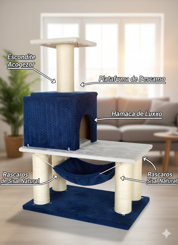 Árbol para gatos de color azul y gris con múltiples plataformas, postes rascadores y hamaca sobre fondo azul claro.