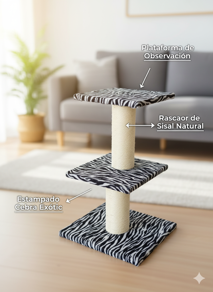 Rascador para gatos con plataformas con estampado de cebra y poste rascador central envuelto en sisal sobre fondo azul claro.
