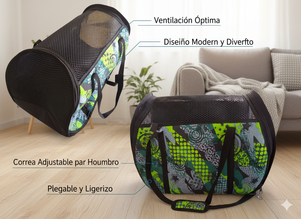 Dos transportines para mascotas: uno vertical y otro tumbado. Ambos tienen tapas de malla y laterales con estampados coloridos. Etiquetados con texto.