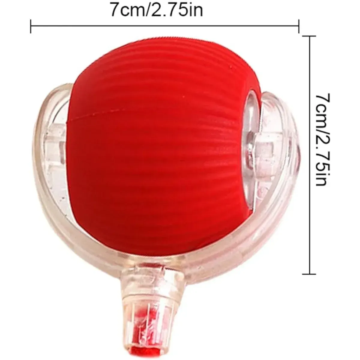 Juguete para gato: pelota roja con cuerda, al lado de un gato peludo.